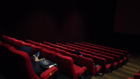 Bandung, Indonesia - Feb 02, 2020: Established Shot of Empty Cinema XXI Studio Interiors at Ubertos (Ujungberung Town Square)