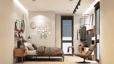 Bedroom interior modern natural style 3d rendering 