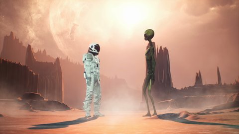 Meeting of an astronaut and an alien on a mysterious alien planet in a lost space. Animation for fantasy, sci-fi, or space backgrounds.