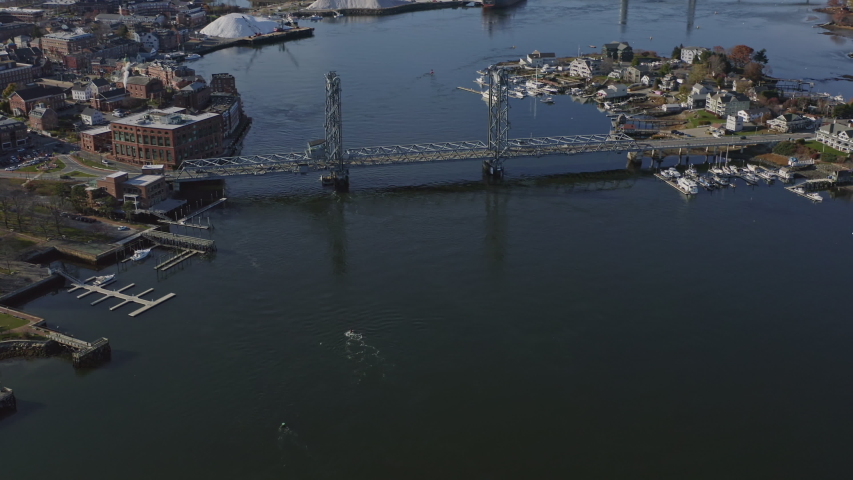 Portsmouth New Hampshire Aerial  Panning birdseye of downtown - November 2019