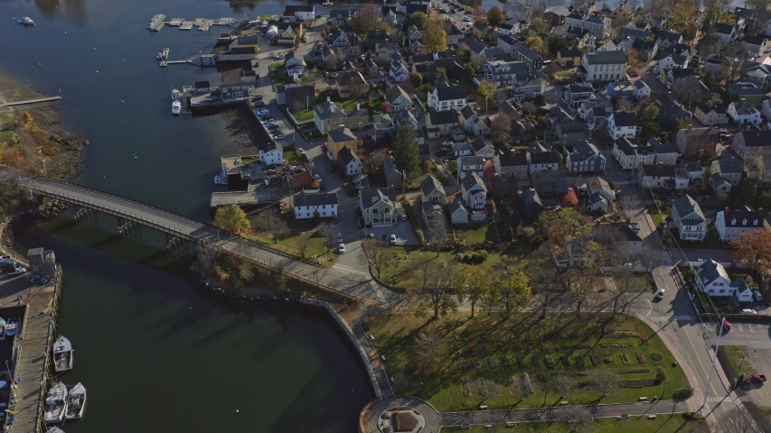 Portsmouth New Hampshire Aerial Panoramic birdseye to wide, from residential to downtown cityscape to looking toward Maine - November 2019