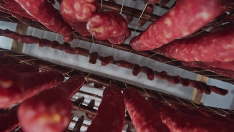 Rotating videw of delicious fresh sausage sticks are hanging for smoke process at meat factory. Manufacturing sausages. Food storage. Organic meat farm.