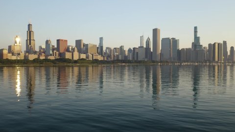 Panoramic View of Chicago Skyline on Summer Morning, Low Angle, Birds Eye Aerial View, Golden Hour