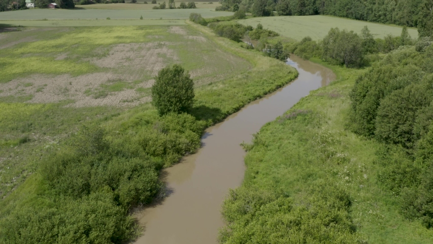 Aerial pan up of the Keravanjoki River in the countryside of Kerava, Finland.