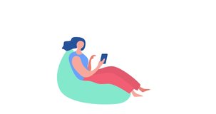woman using smartphone social media on the sofa with the flying paper plane and media files. 4k animated motion design