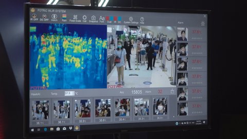 25th July 2020. Bangkok, Thailand. Temperature control monitor of thermal scanner camera  to check people during Coronavirus, Covid 19 outbreak