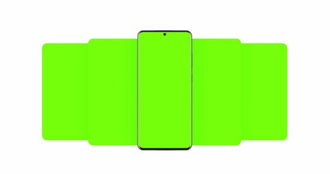 Smartphone with blank green sliding app screens isolated on white background. Animation for showcasing mobile web-site design of more projects