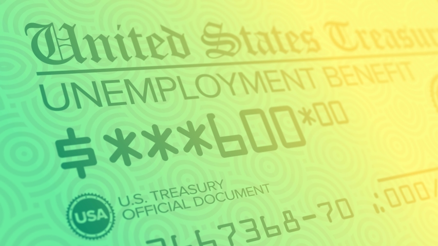 A stylized background animation of a fictional United States unemployment check. $600 weekly checks were sent out to American families to help citizens pay their bills during the COVID-19 pandemic of  Royalty-Free Stock Footage #1057179316