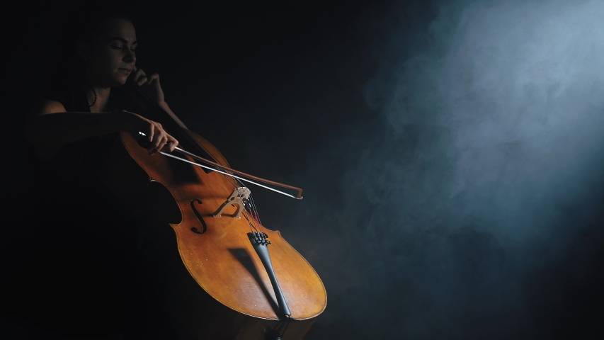 Young beautiful woman playing a melody on cello. Smoky dark studio | Shutterstock HD Video #1057179598