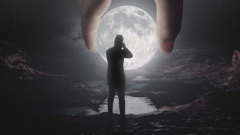 Extreme Big Moon Rising and Rotating. Man Silhouette standing and take a photo. Fingers suddenly touch, grab the Moon and take away. 10 Bit ProRes Mov. Surreal 3D render animation concept.