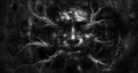 Dark hole and ugly face dead man, from whose mouth branches of tree crawl out. Horror fantasy 2D animation. Animated 4K video clip nightmares for creepy Halloween. Black and white grunge background.