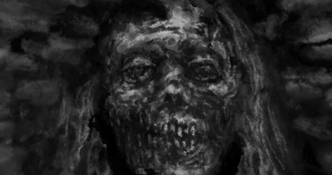 Horror 2D animation collection. Mummy hand, tree branches. Dead man's head and dark mountains landscape. For titles and intros to motion graphics, movies and video clips. Black and white background.