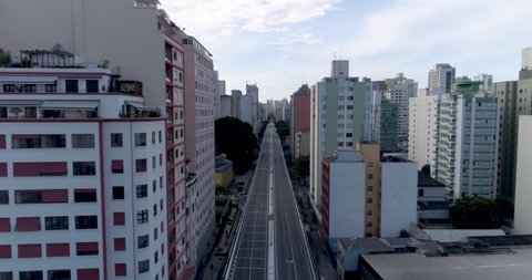aerial view of Minhocão at Sao Paulo, Brazil, usually full of cars, now empty because of the quarantine.