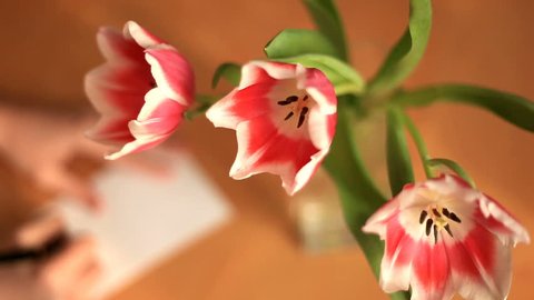 A person moves a vase with tulips and leaves a note.