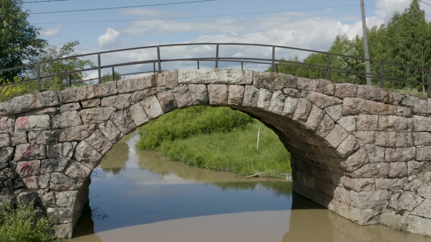 Still aerial view of an old stone bridge in Finland near Kerava.