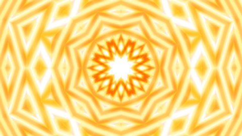 Kaleidoscopic symmetrical rotation of hypnotic geometric yellow and orange pattern moving on white background. Gold mandala looping. Abstract polygonal shapes transformation and metamorphosing. 4K UHD