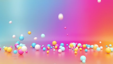 3d render, assorted colorful balls falling down inside empty room, bouncing and jumping over vibrant gradient background, interactive particles motion. Animated gravity effect. Abstract fun concept