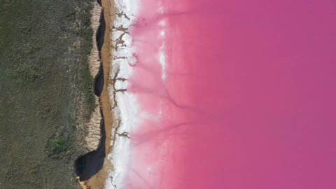 Pink lake, healing clay and salt. Aerial view