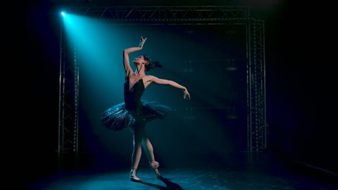 Graceful ballerina in a chic image of a black swan. Classical ballet choreography. Shot in a dark studio with smoke and neon lighting. Slow motion.