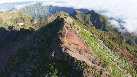 drone flying over "Pico Ruivo" viewpoint, Madeira island, Portugal
