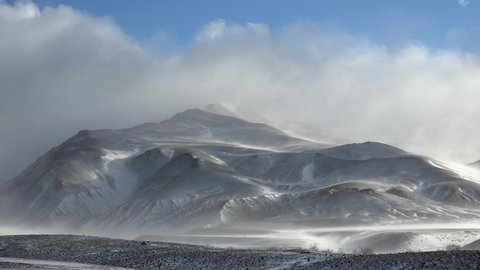 Time-lapse video of blizzard and strong snow windstorm in Altai Kuray mountain range in winter season. Blowing snow over frozen mountains ground. Siberia, Russia