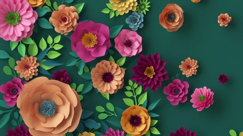 3d render, abstract botanical background animation, blooming live image, creative floral wallpaper, motion design, abstract pink peachy orange yellow paper flowers growing over dark green wall