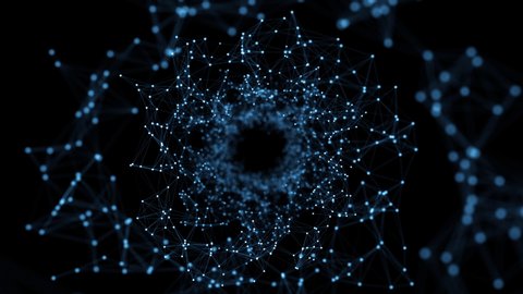 Network Connected Data Tunnel Animation on black background. Connection of data nodes dots, 4K Video.
