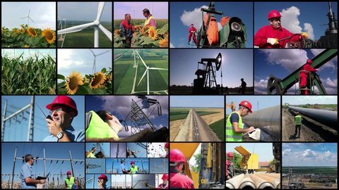 Electricity Generation Multi Screen Conceptual Video. Montage of Video Clips Presenting Sources of Energy , Electricity Distribution Equipment and Workers of Different Professions at Work.
