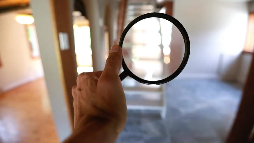 First person perspective during a residential home inspection, using a magnifying glass to take a closer look around the empty family room with open plan stairs Royalty-Free Stock Footage #1057236958