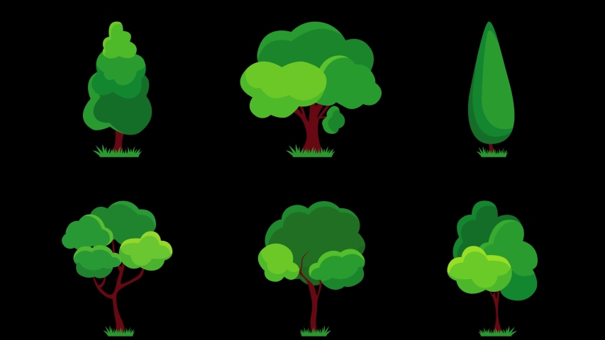Set of animated different plants and trees illustration. Oak, aspen, alder, poplar, chestnut. Vector Green Natural Cartoon Trees on black background. Simple design. Vector animation in flat style.