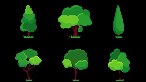 Set of animated different plants and trees illustration. Oak, aspen, alder, poplar, chestnut. Vector Green Natural Cartoon Trees on black background. Simple design. Vector animation in flat style.