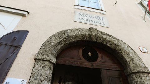Entrance of the birth house of Wolfgang Amadeus Mozart in Salzburg, Austria