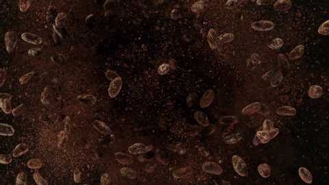 Super Slow Motion Shot of Exploding Raw Chocolate Beans and Cocoa Powder .