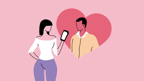 young couple lovers characters with smartphone, 4k video animated