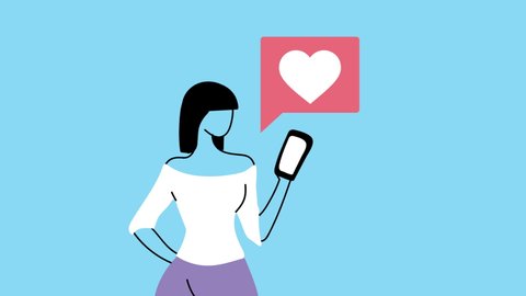 young beautiful woman using smartphone and heart animated, 4k video animated
