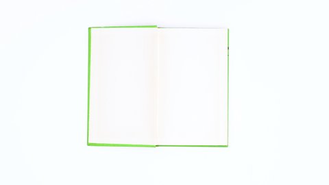 6k Green screen cover book appear and open on white theme. Stop motion 