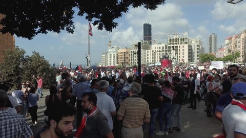 BEIRUT, LEBANON - 8 AUG 2020: Demonstrators gather in Martyrs' Square to demand punishment for those responsible for the explosion that destroyed the Beirut port and damaged large parts of the city