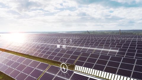 Alternative Energy. Solar energy. Aerial view of solar panels generating electricity. Clean, green, renewable energy technologies. Solar power plants. Sun energy. Animated visualization concept.\