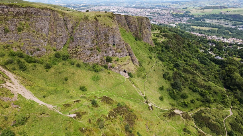 Aerial view of lower cave at Cavehill, overlooking Belfast City, Northern Ireland