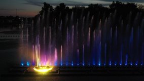 Musical fountain in Vinnytsia, Ukraine. Drone view.