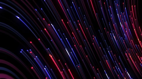 Gradient red and blue neon digital line strips flowing on black background. 4K 3D Seamless loop futuristic data flow background, concept of hi tech information transfer and network communication. Stockvideó