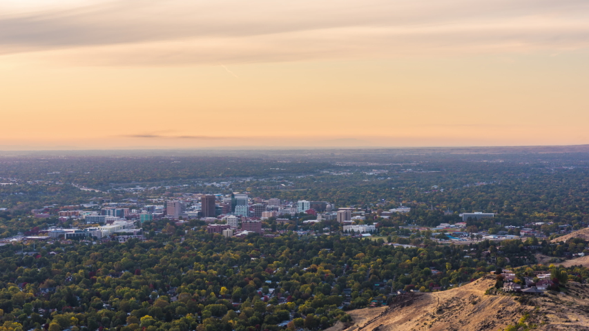 Boise, Idaho, USA downtown cityscape from above at twilight.