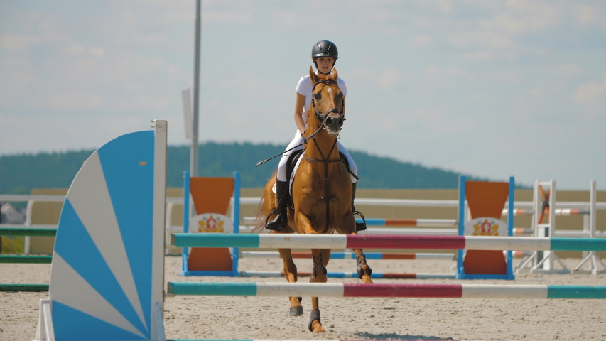 Competitive woman rider on horse jumping over obstacles, slow motion. Light-brown horse leaping fence on sandy parkour riding arena, equestrian competition outdoors. Training jumping hurdle Royalty-Free Stock Footage #1057287835