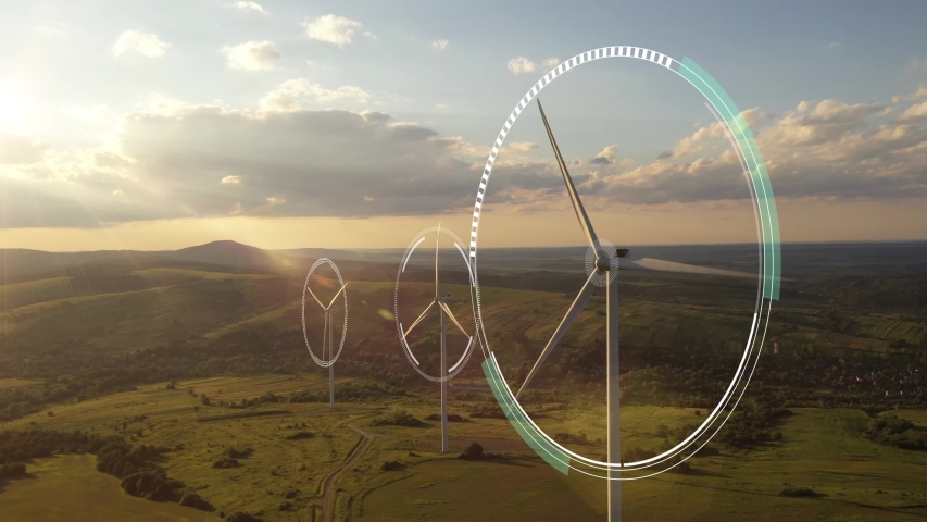 Alternative Energy. Wind farm. Aerial view of horizontal-axis wind turbines generating electricity Wind energy. Clean renewable energy technologies. Wind power plants. Animated visualization concept. | Shutterstock HD Video #1057292332