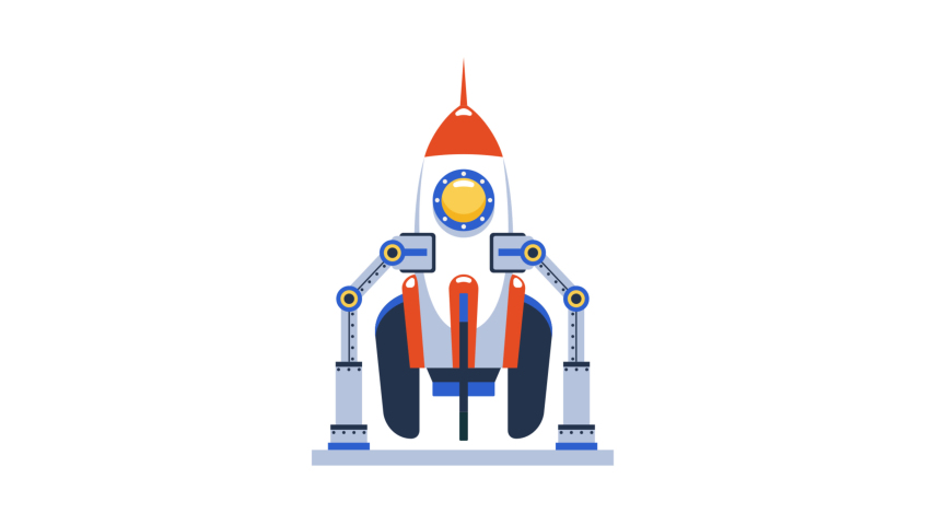 Cartoon rocket start. Space shuttle launch. 2d rocketship startup animation. Business technology concept. Looped video with alpha channel.
