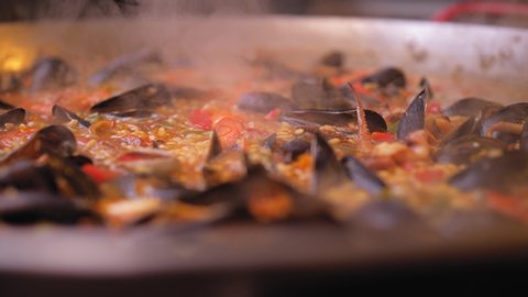 paella in a frying pan close-up