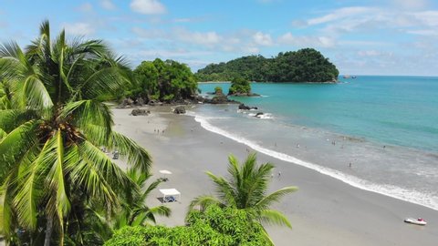 Aerial shot of flying at the top of palmtrees, at Espadilla beach, Manuel Antonio, Costa Rica. Sunny weather, clear blue green water.