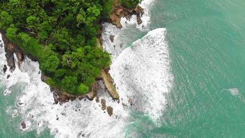 Aerial topview shot of tropical vegetation of Cathedral point at Manuel Antonio, Costa Rica.