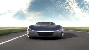 Electric car on highway in desert. Front view. Concept of future. 4k animation.