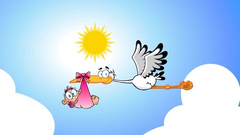 Stork Delivering A Newborn Baby Girl Cartoon Characters. 4K Animation Video Motion Graphics With Background